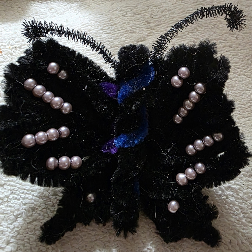 Black and Purple Butterfly Brooch with Pearls